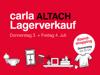 Am 3. und 4. Juli findet im carla Möslepark in Altach ein großer Lagerverkauf mit vielen Highlights statt. Mit dabei: tausende Artikel des täglichen Gebrauchs, Kiloshops für Groß und Klein, Eis für Kinder, besondere Bücher und Schallplatten sowie Kleinmöbelverkauf bei der Logistik.