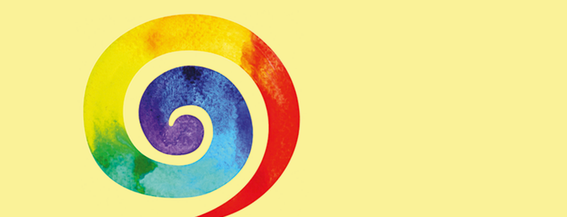 Grafik einer bunten Spirale auf gelbem Hintergrund.