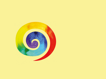 Grafik einer bunten Spirale auf gelbem Hintergrund.