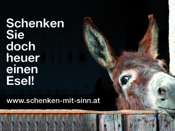 Ein Esel hinter einem Stall und neben ihm eine Aufschrift.