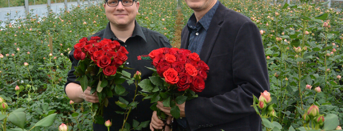 Zwei Männer mittleren Alters halten zwei Sträuße mit roten Rosen in den Händen. Sie tragen beide eine Brille und strahlen.
