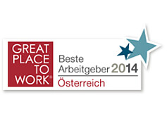 Auszeichung für beste Arbeitgeber 2014. "Great Place to Work". Es ist schlicht in Rot und Weiß mit zwei blauen Sternen in der rechten oberen Ecke gestaltet. 